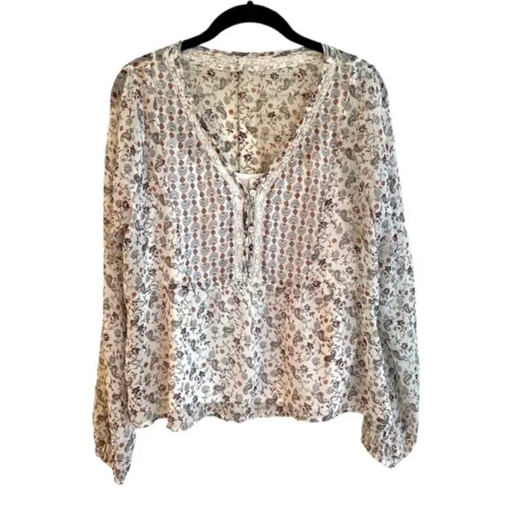 Hollister Pullover V-Neck Sheer Floral Top Size Small Peasant Boho Style